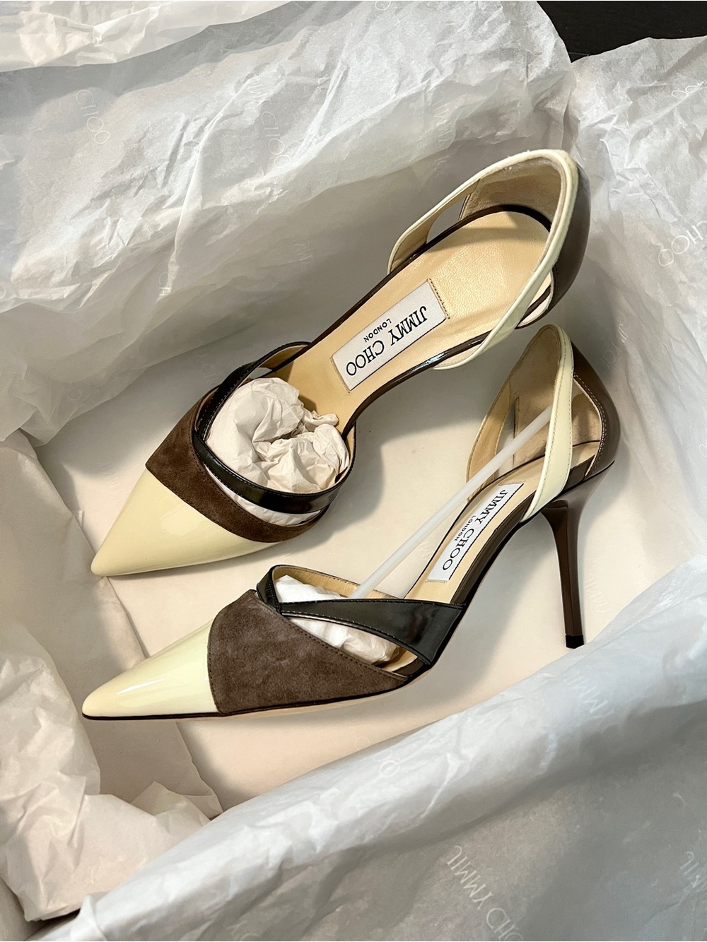 Jimmy Choo Two-Tone Brown and Cream Pointed Slingback Heels